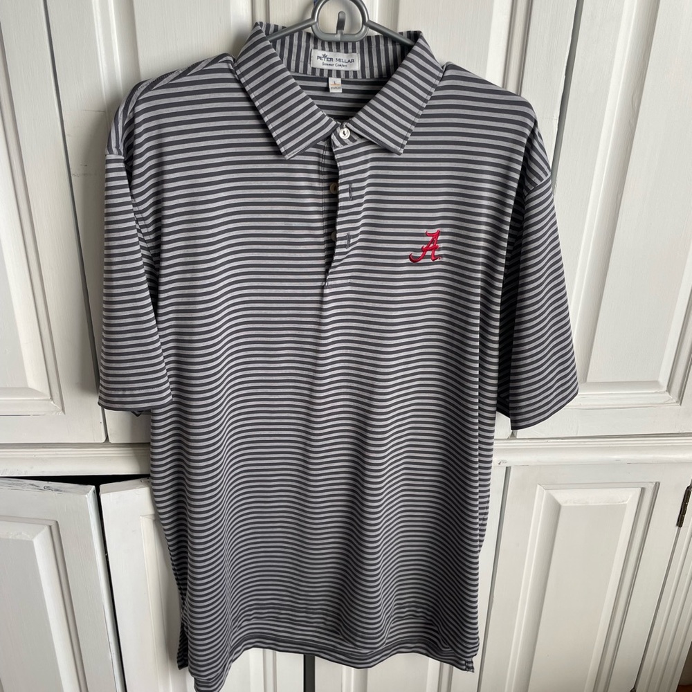 Peter Millar Gray and White Striped Polo Shirt
